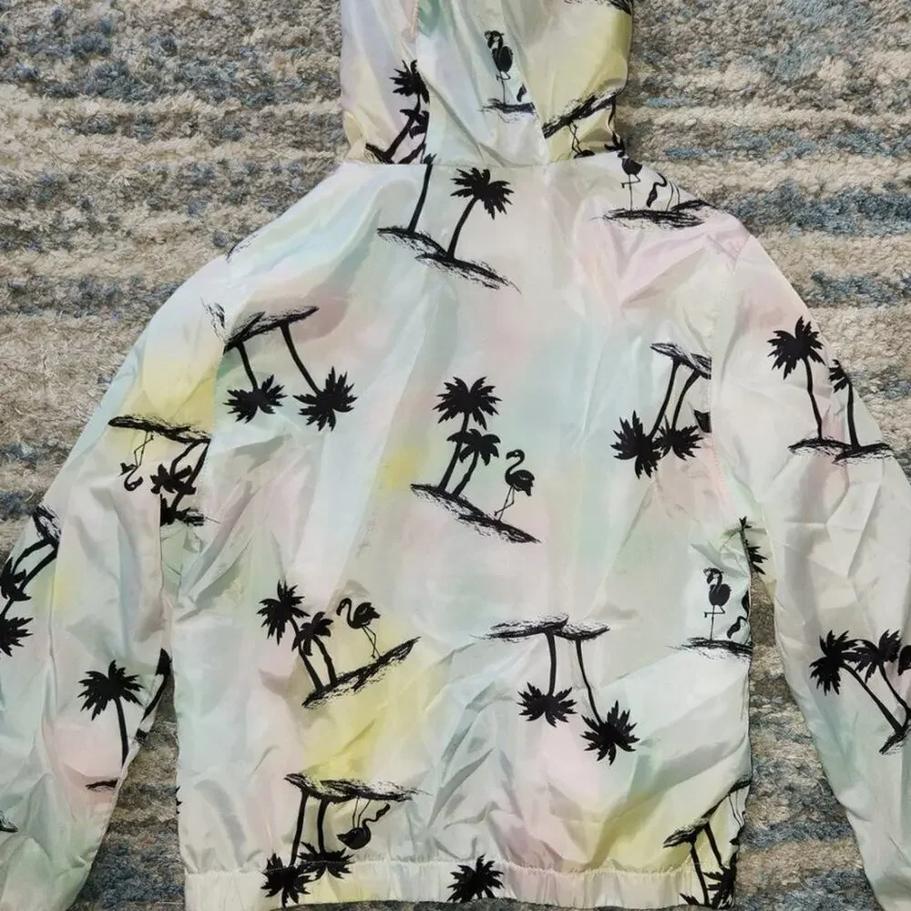Justice Girls Windbreaker Jacket Lightweight Hood Size 10 Palm Trees Tropical